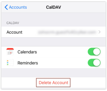 No CalDAV página, toque em Excluir Conta.