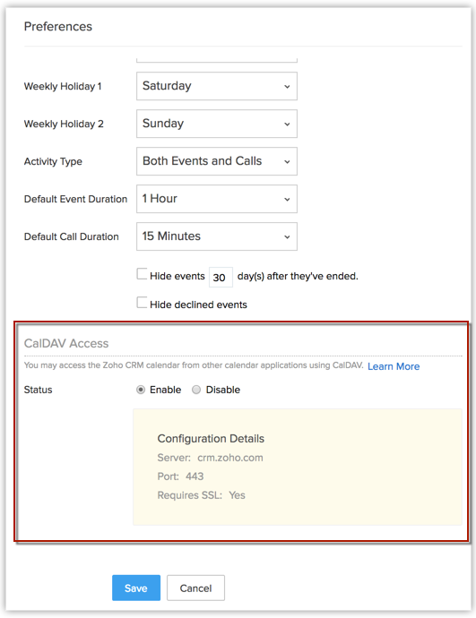 Para ativar o Acesso CalDAV no Zoho CRM