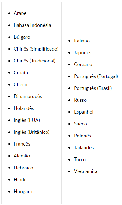 Lista de idiomas suportados