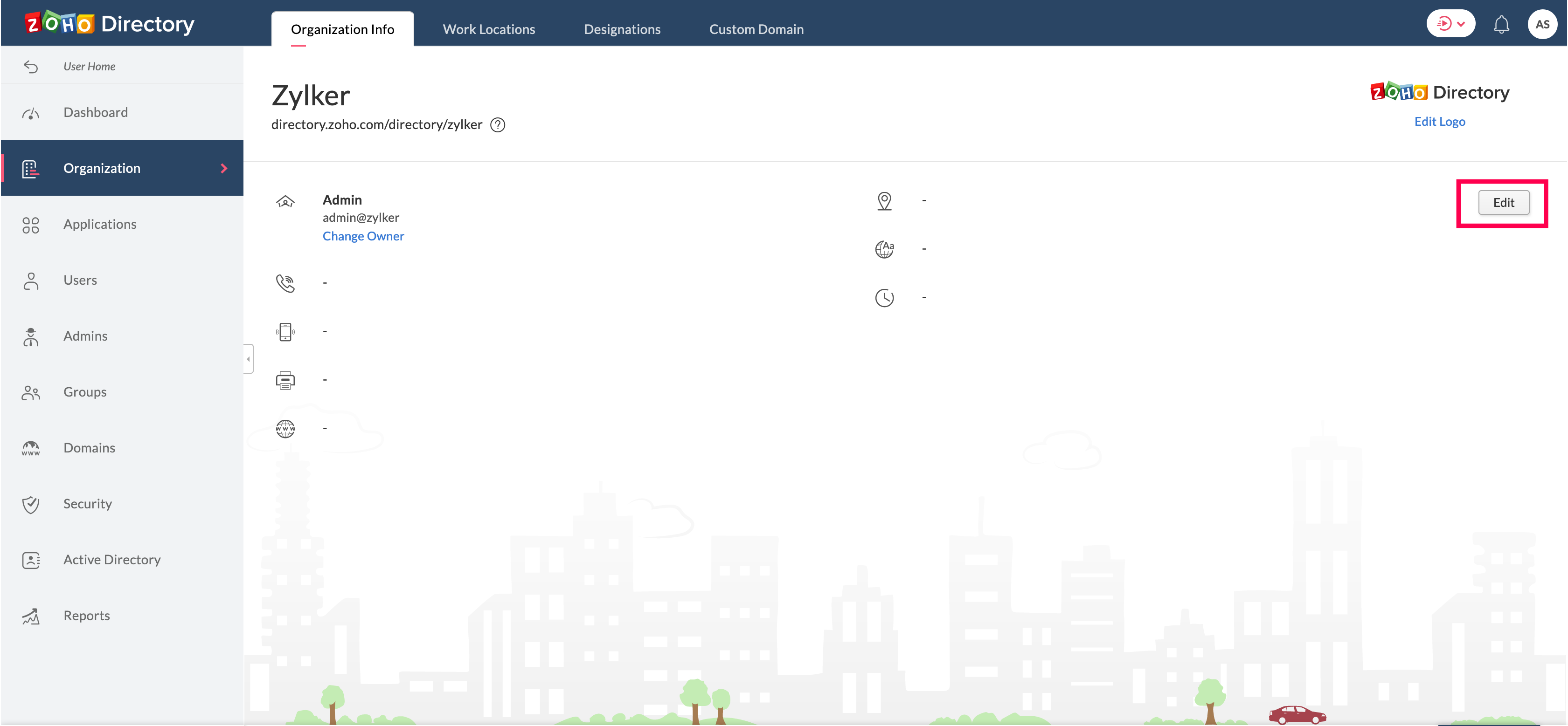 A imagem mostra o ambiente do Zoho Directory com a opção de edição marcada em vermelho, conforme os passos acima