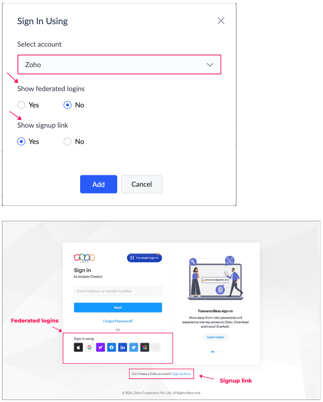 escolher se deseja permitir logins federados e novas inscrições